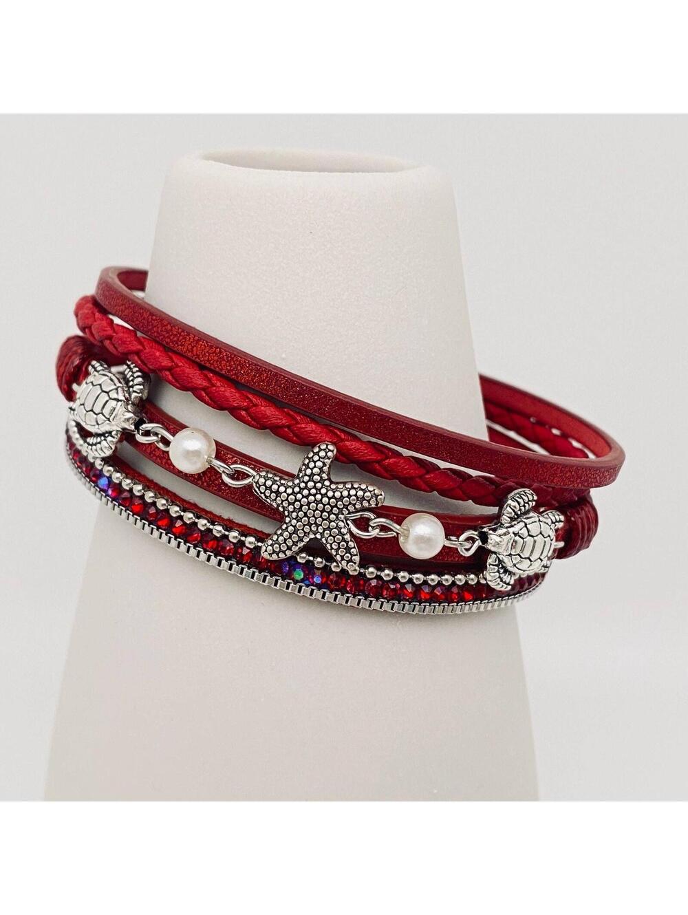 Red Multi-Strand Sea Life Charm Bracelet with Magnetic Clasp - Picture 2 of 3